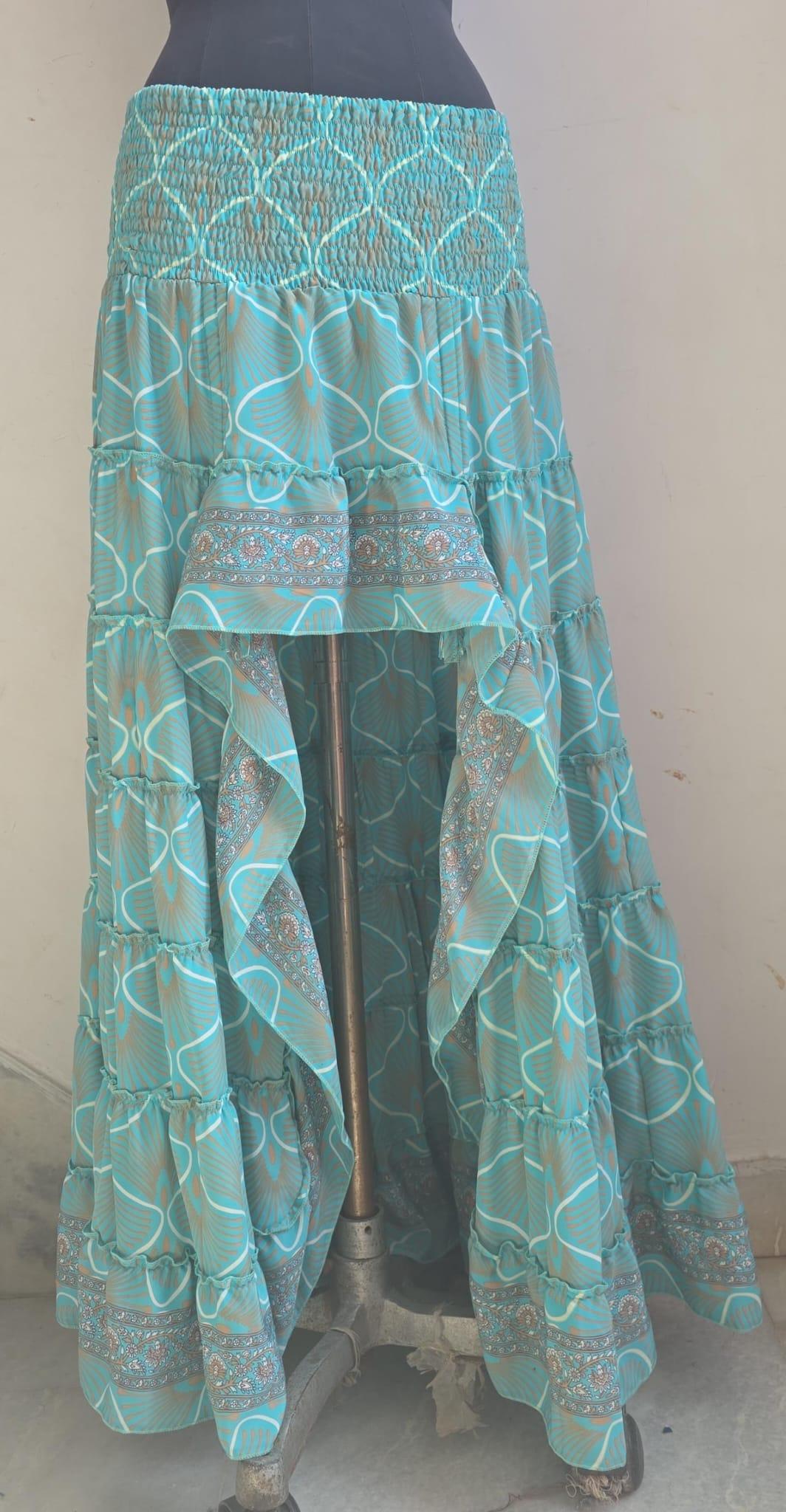 détail tissu Jupe bohème asymétrique Océan Green - détail motifs verts - soie indienne - COACHELLI