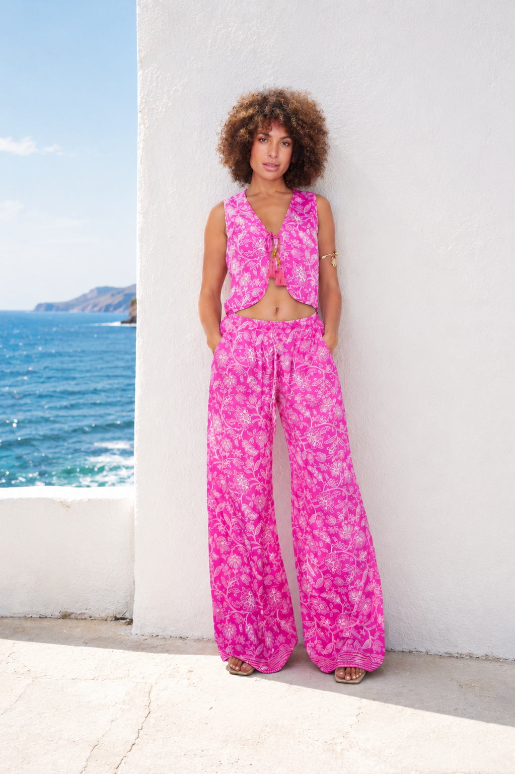  Pantalon bohème Ibiza Pink - vue de dos - soie indienne florale - COACHELLI


