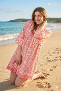 Robe LILIE bohème corail en soie indienne, motifs fleuris, taille unique 36-42 - COACHELLI