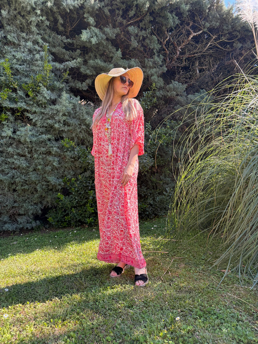 "Robe longue bohème Tina corail - vue de face - COACHELLI"