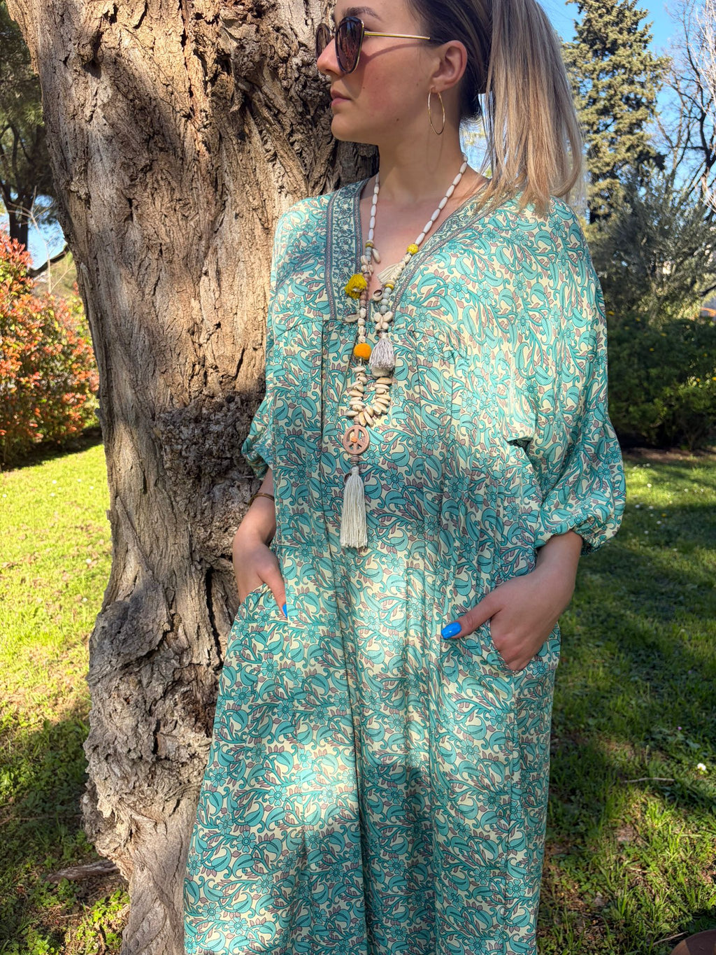 Robe longue bohème Tina vert - vue de face - COACHELLI
