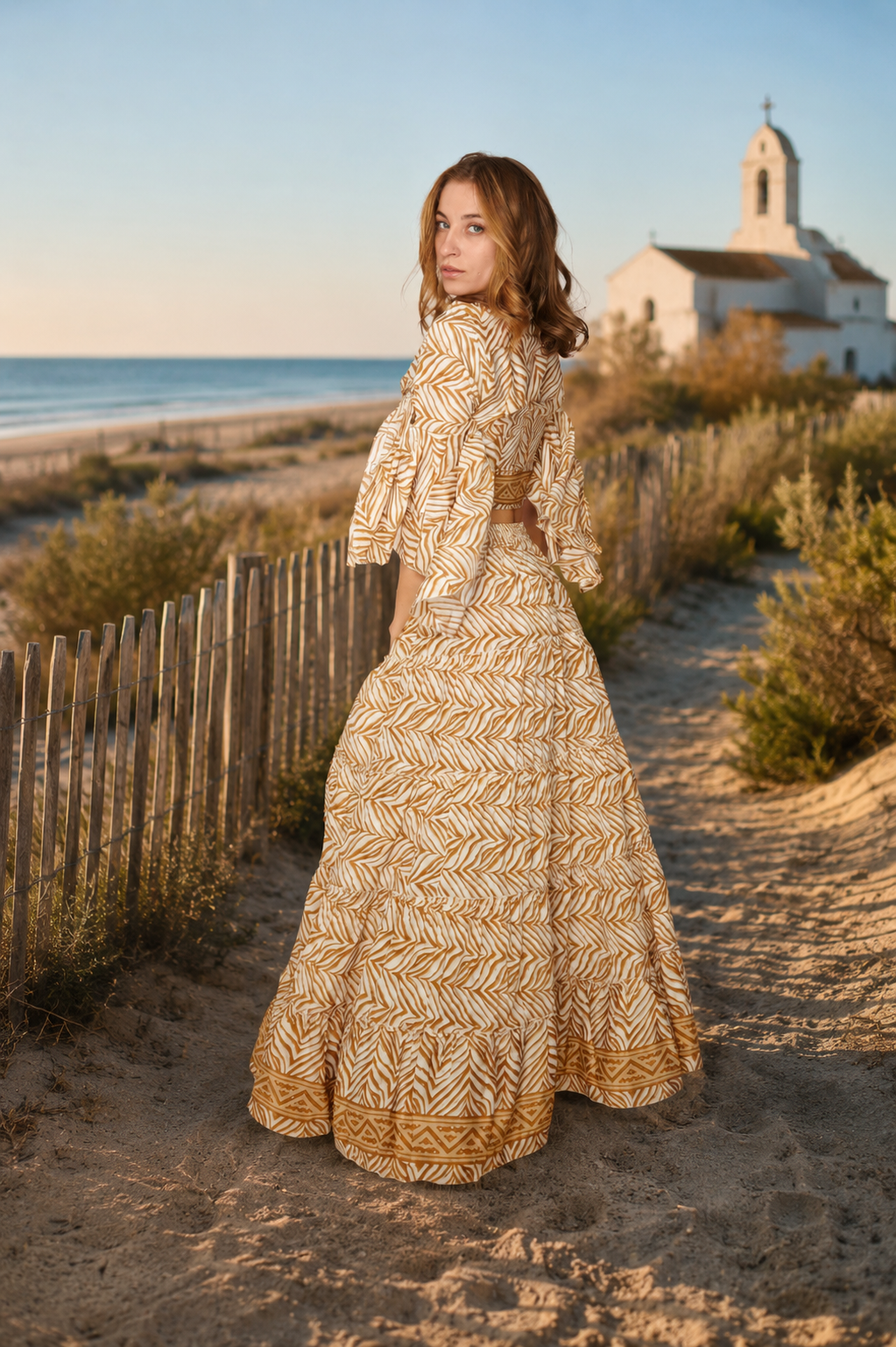 Jupe longue bohème Fantasia coloris sable – silhouette fluide et féminine
