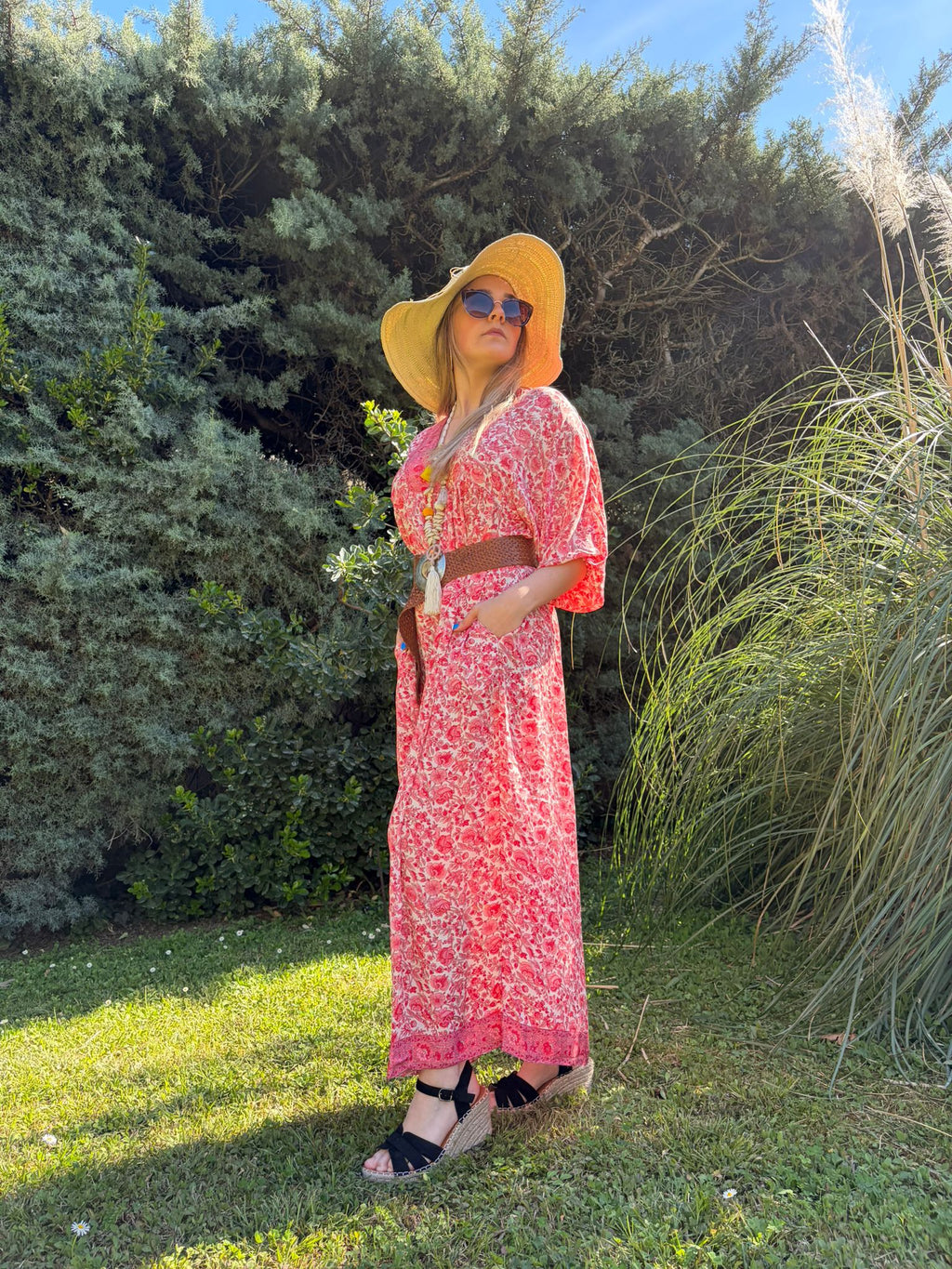 Robe longue bohème Tina corail - vue de face - COACHELLI